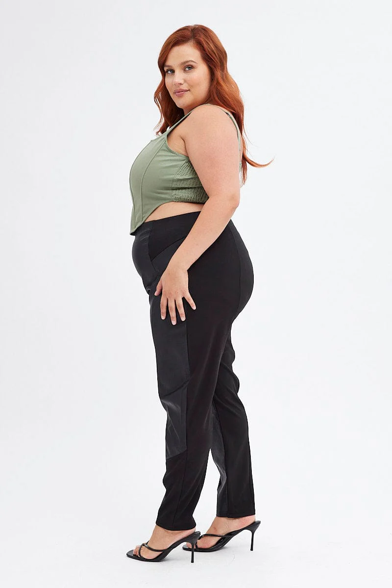 Black Leggings High Rise Faux Leather & Ponte Panel - Image 4