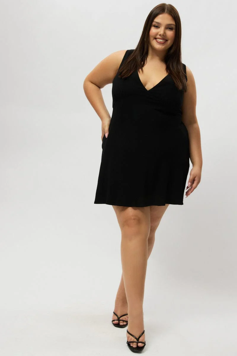 Black Linen Blend V Neck Fitted Minidress - Image 2