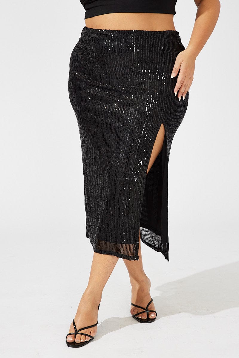 Black Long Sequin Split Skirt - Image 2