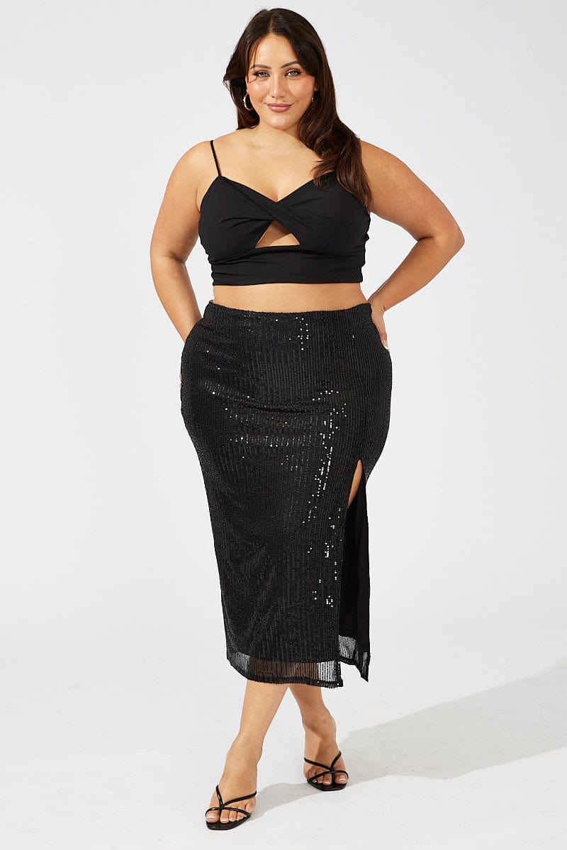 Black Long Sequin Split Skirt - Image 3