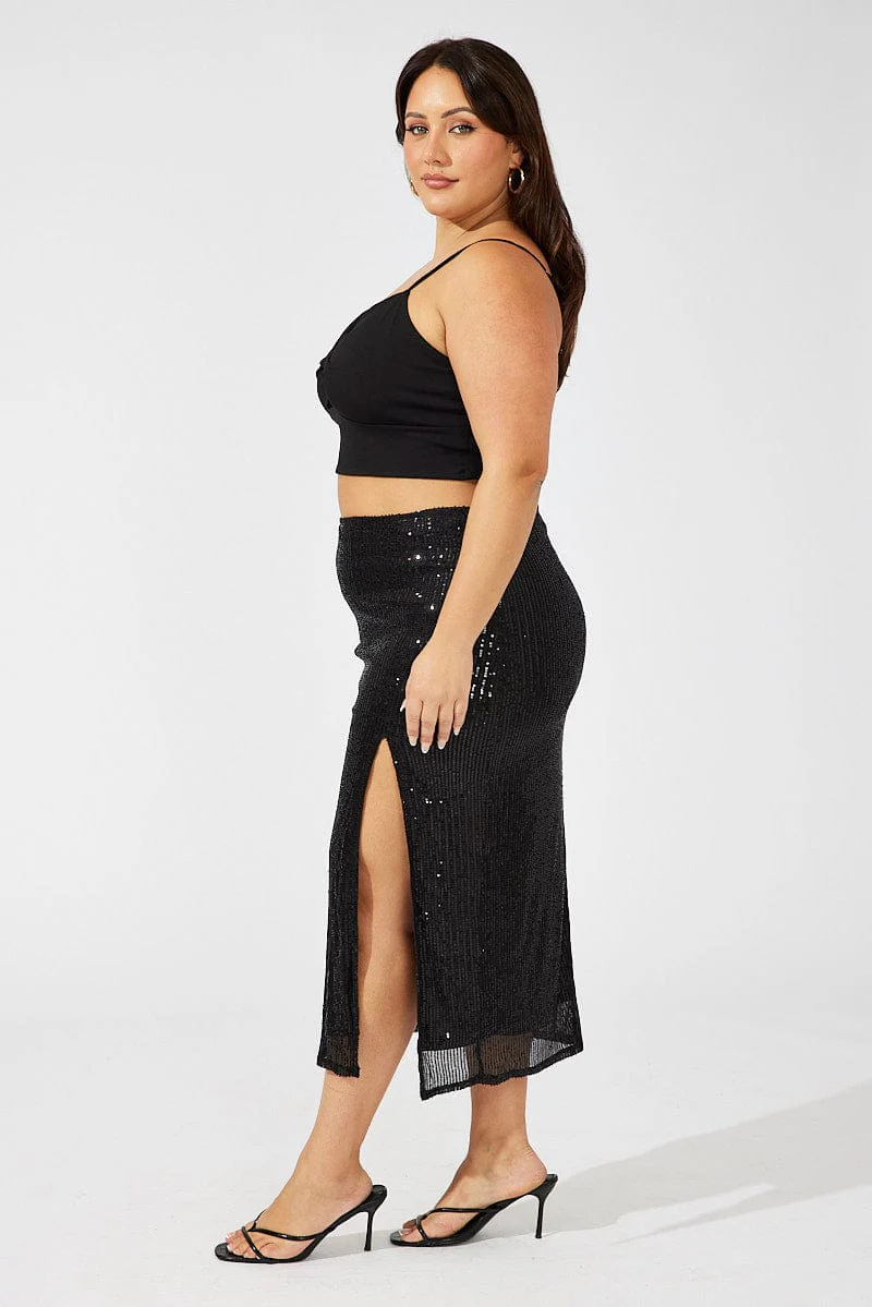 Black Long Sequin Split Skirt - Image 4