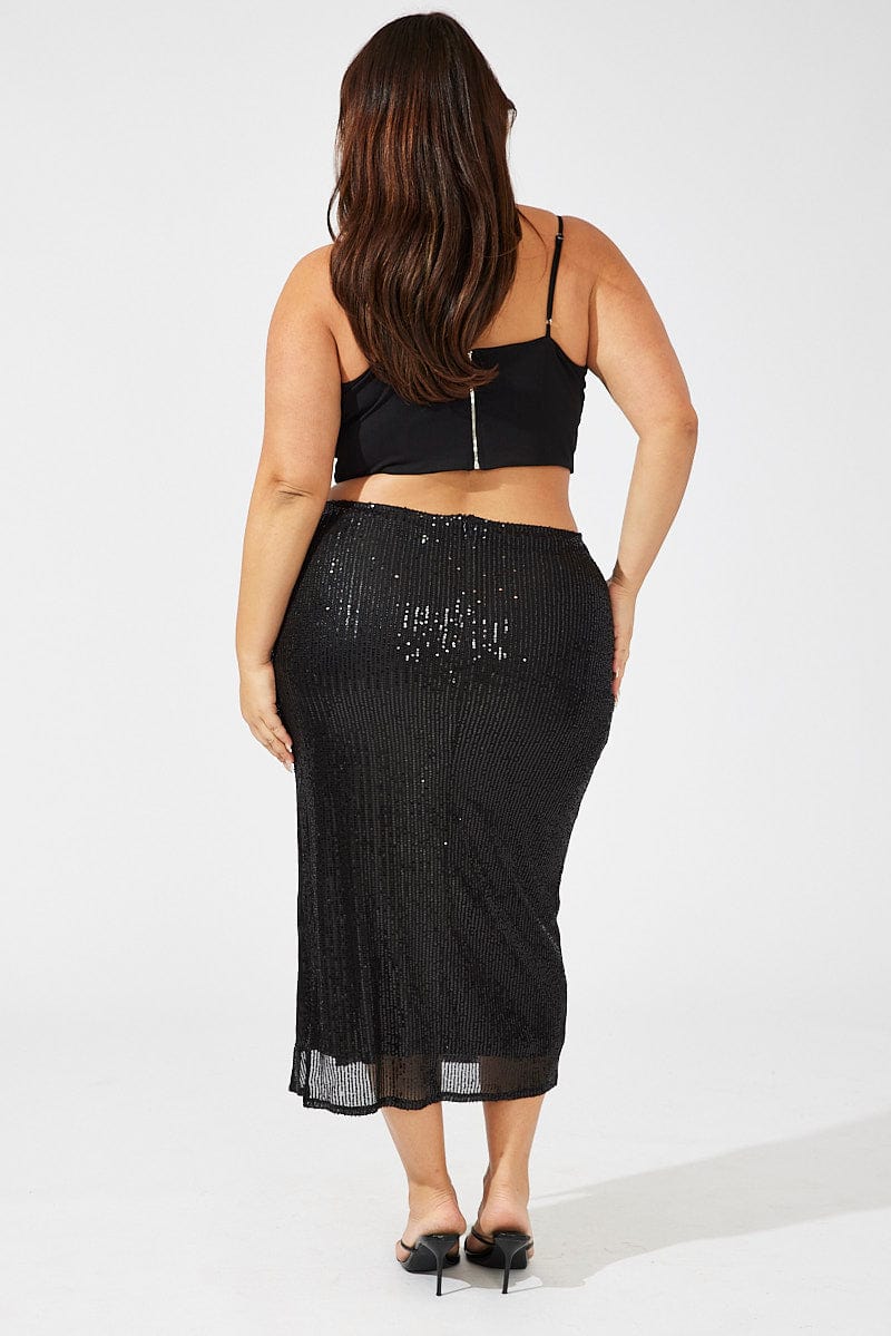 Black Long Sequin Split Skirt - Image 5