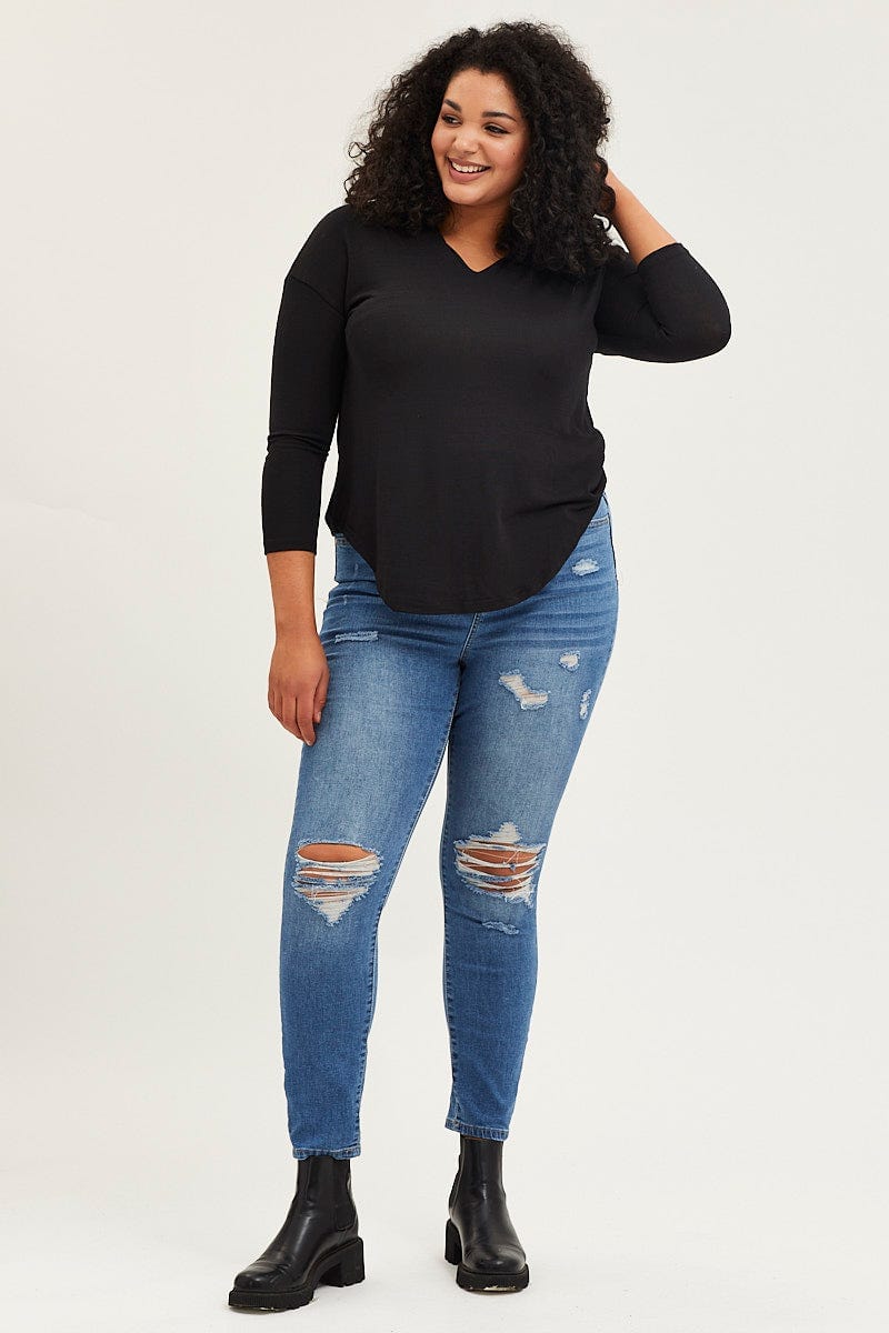 Black Long Sleeve Curve Hem Hoodie Top - Image 2
