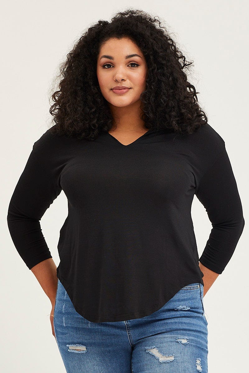 Black Long Sleeve Curve Hem Hoodie Top - Image 3