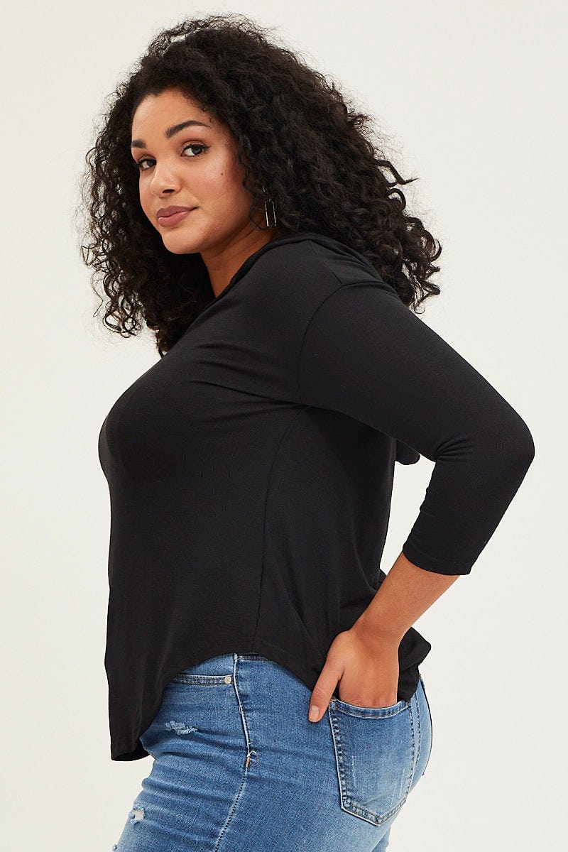 Black Long Sleeve Curve Hem Hoodie Top - Image 4