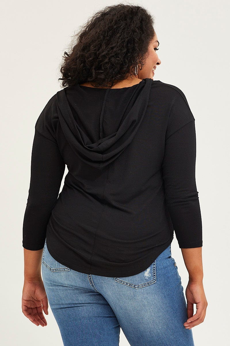 Black Long Sleeve Curve Hem Hoodie Top - Image 5