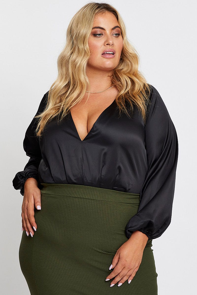 Black Long Sleeve Deep V-neck Bodysuit - Image 3