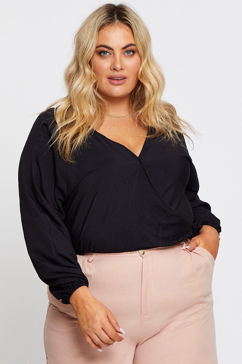 Black Long Sleeve Mock Wrap Top - Image 3