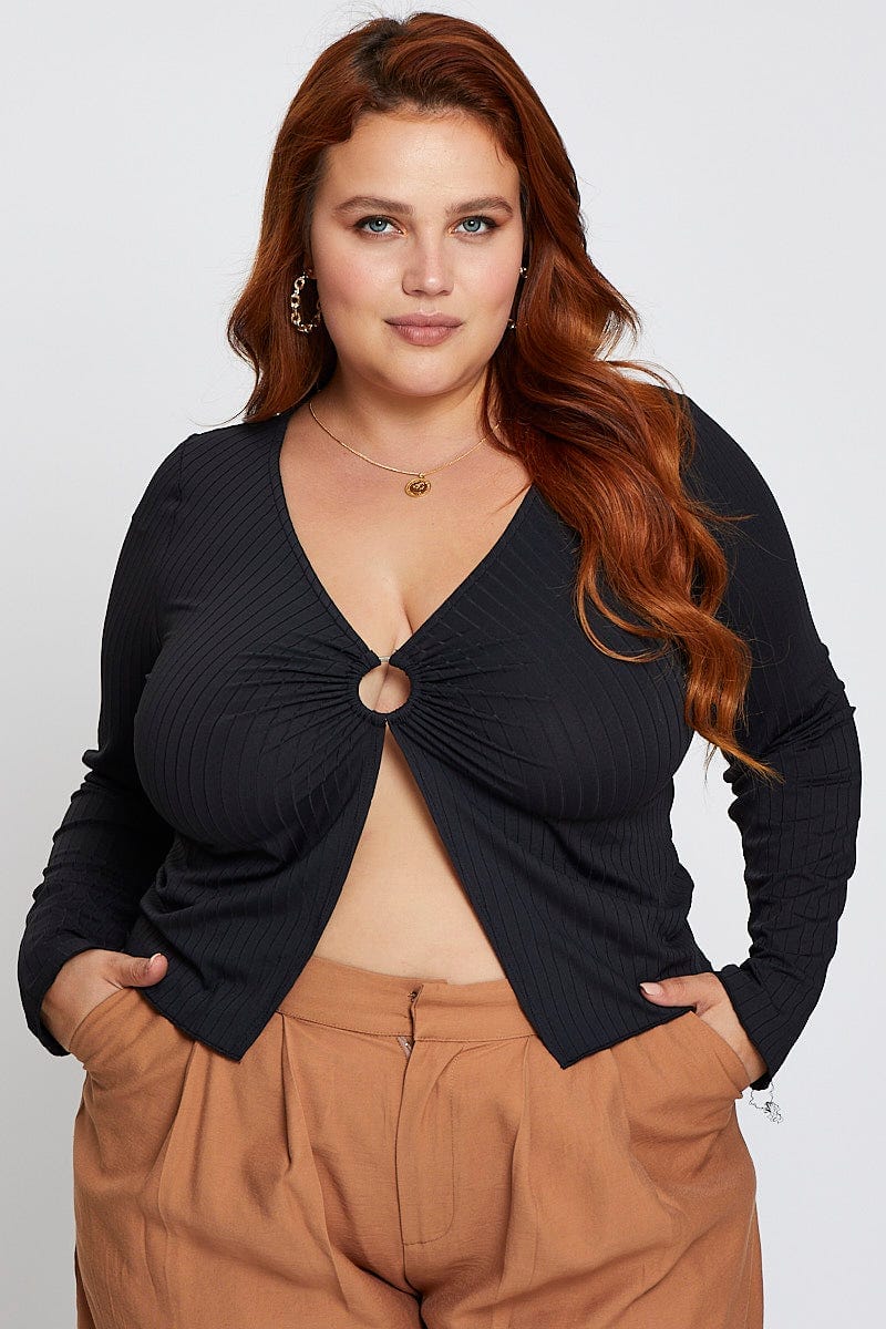 Black Long Sleeve Rib Ring Top