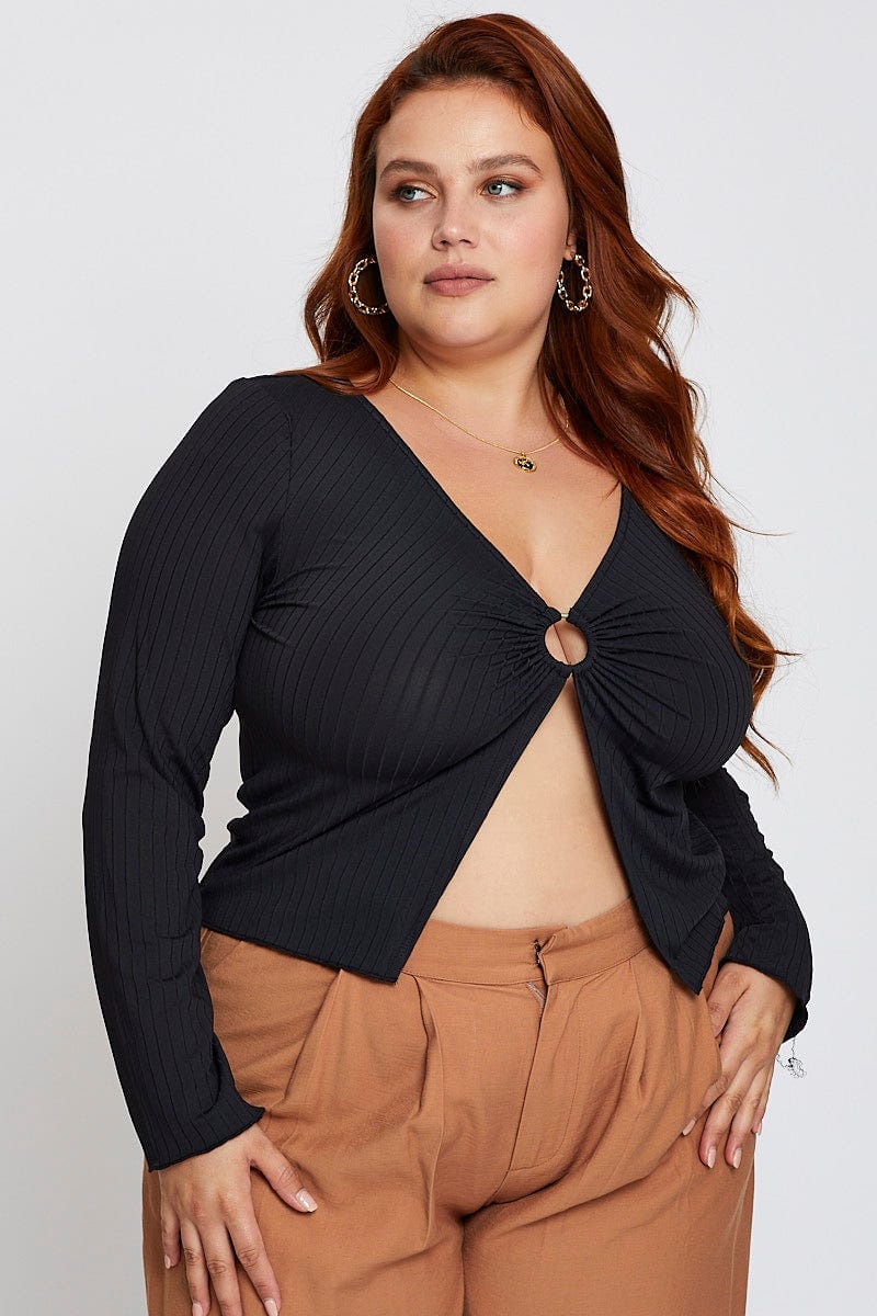 Black Long Sleeve Rib Ring Top - Image 3
