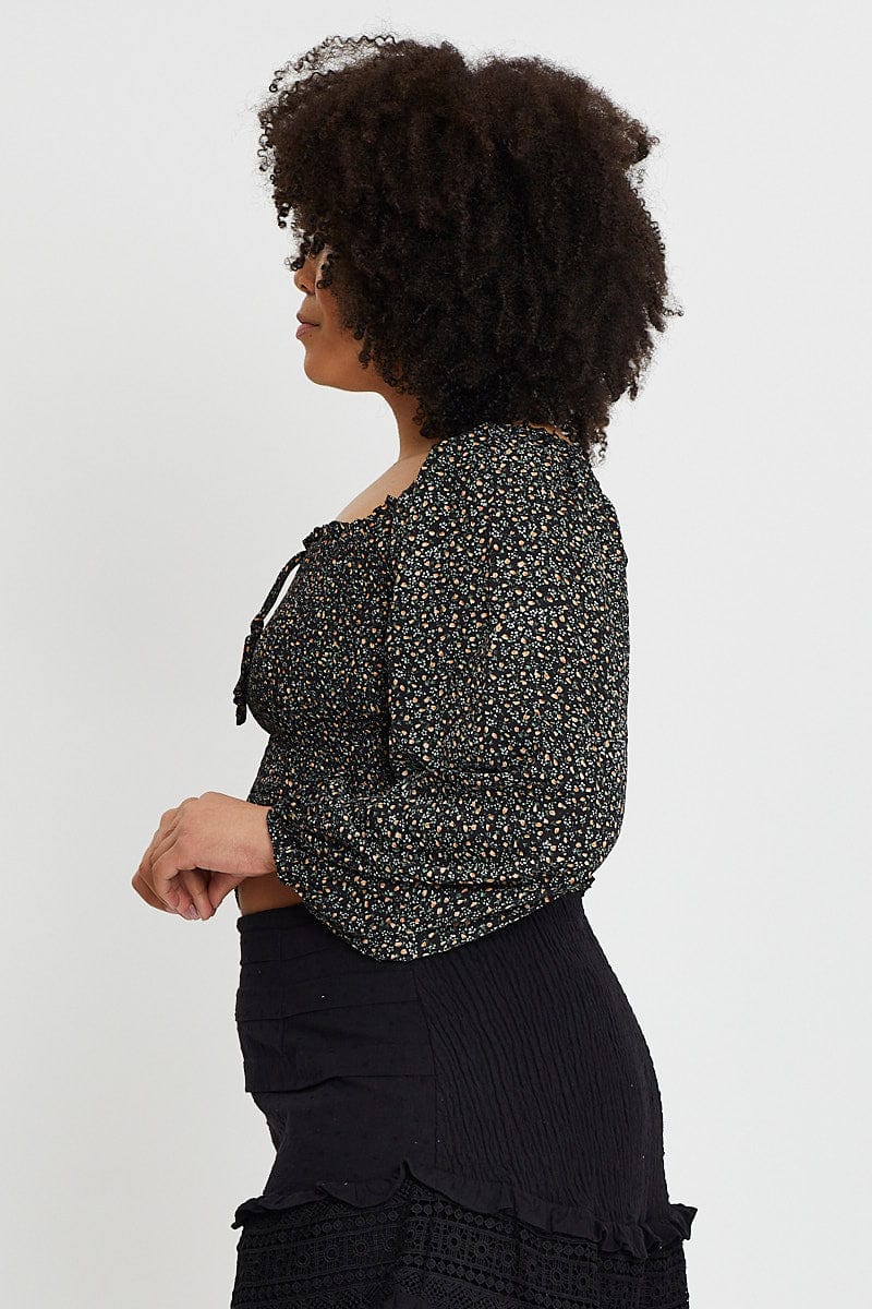Black Long Sleeve Shirred Floral Print Top - Image 4