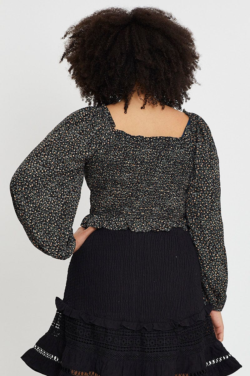 Black Long Sleeve Shirred Floral Print Top - Image 5
