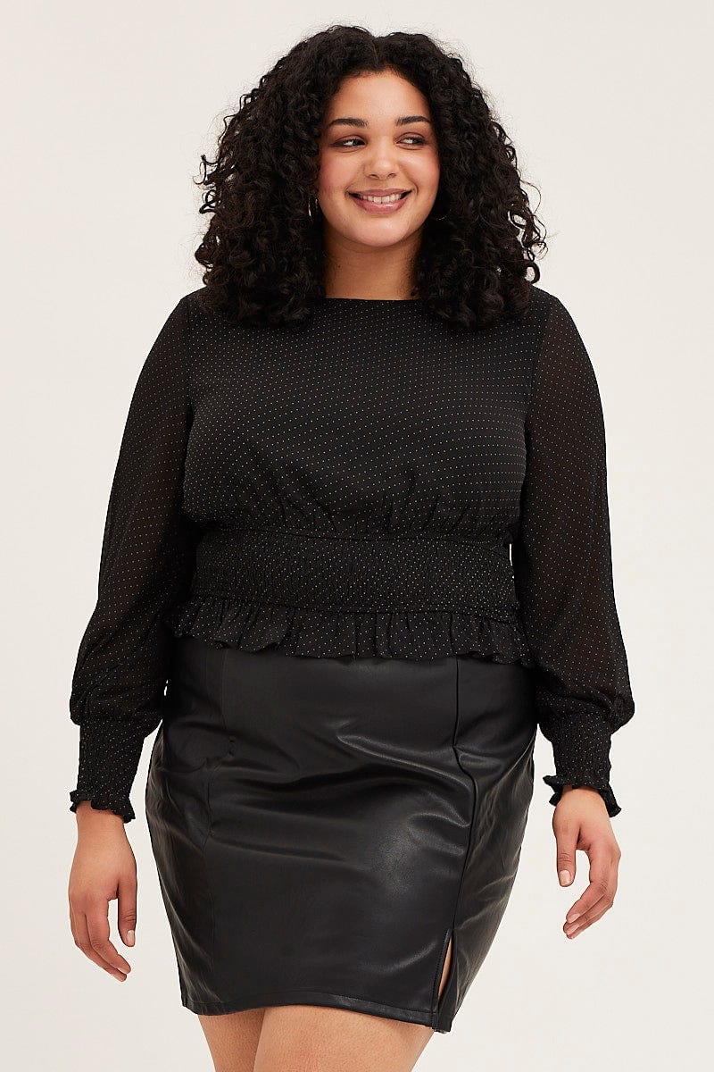 Black Long Sleeve Waist Shirred Top - Image 3