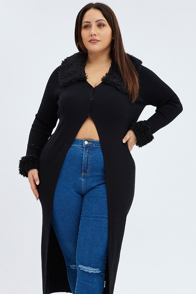 Black Longline Knit Cardigan Faux Fur Trim Ribbed - Image 2