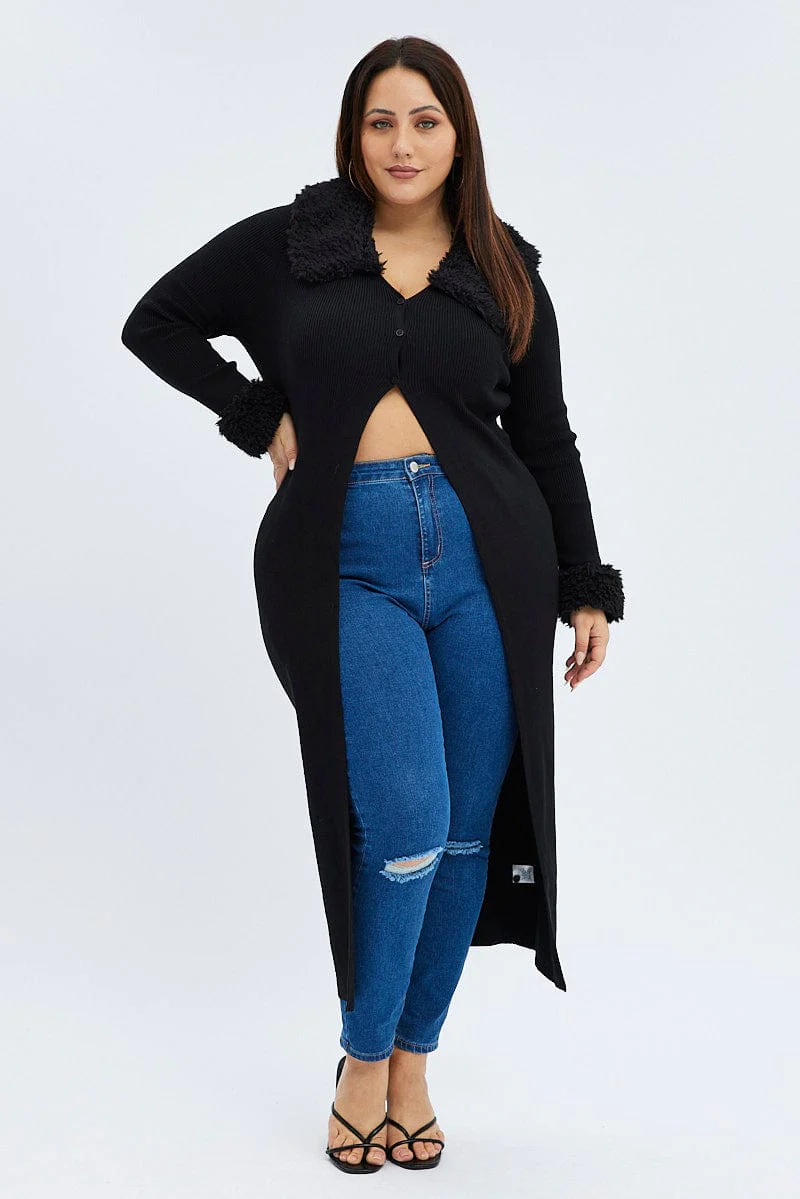 Black Longline Knit Cardigan Faux Fur Trim Ribbed - Image 3