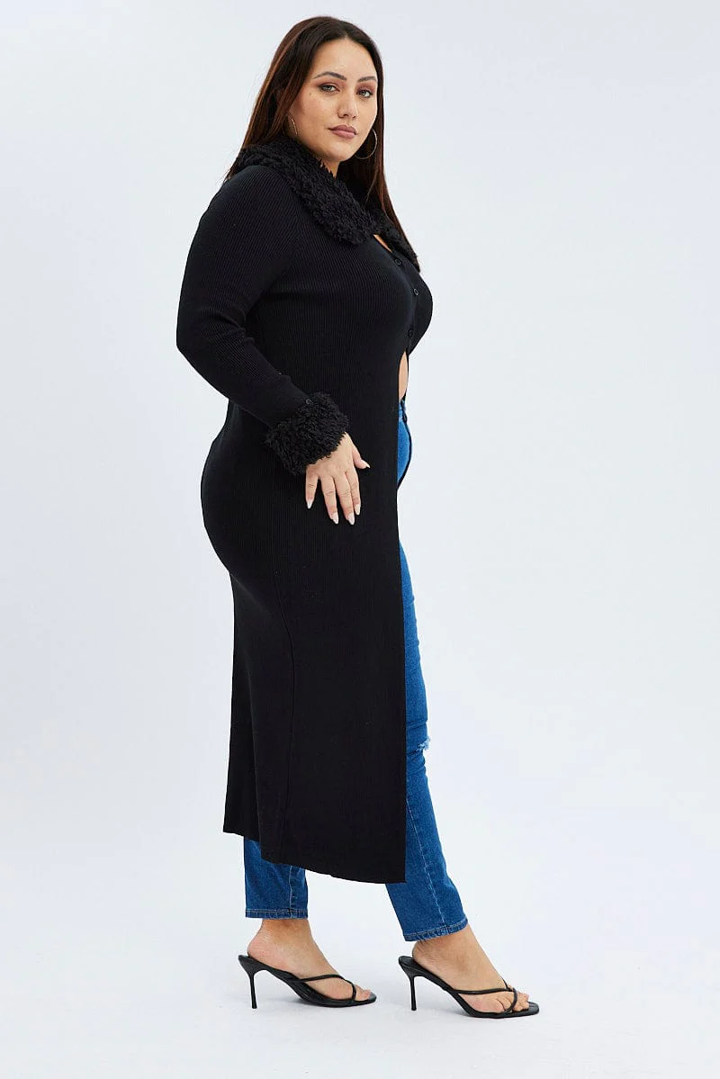 Black Longline Knit Cardigan Faux Fur Trim Ribbed - Image 4