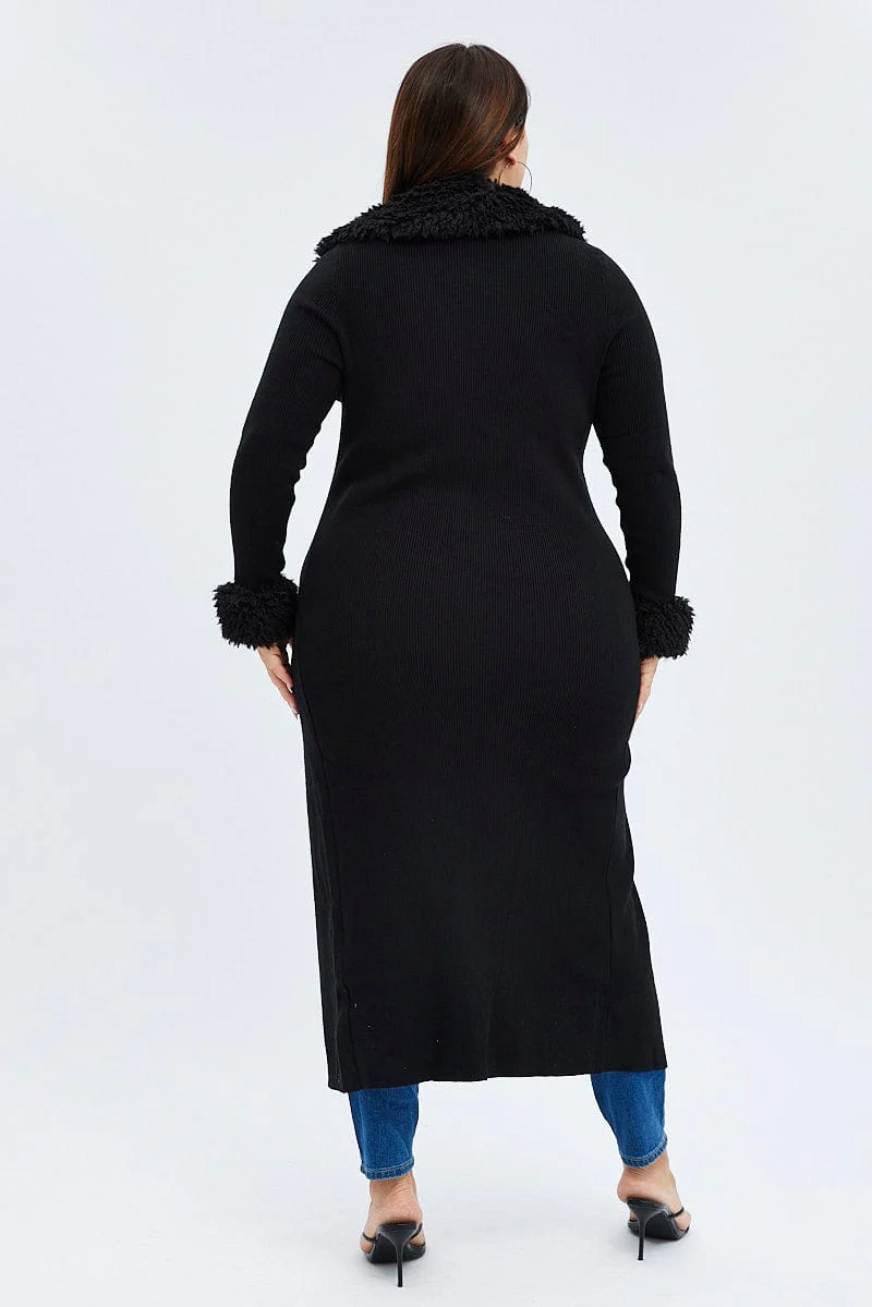 Black Longline Knit Cardigan Faux Fur Trim Ribbed - Image 5