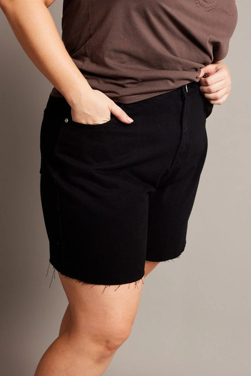 Black Longline Shorts High Rise Relaxed Fit Raw Hem - Image 3