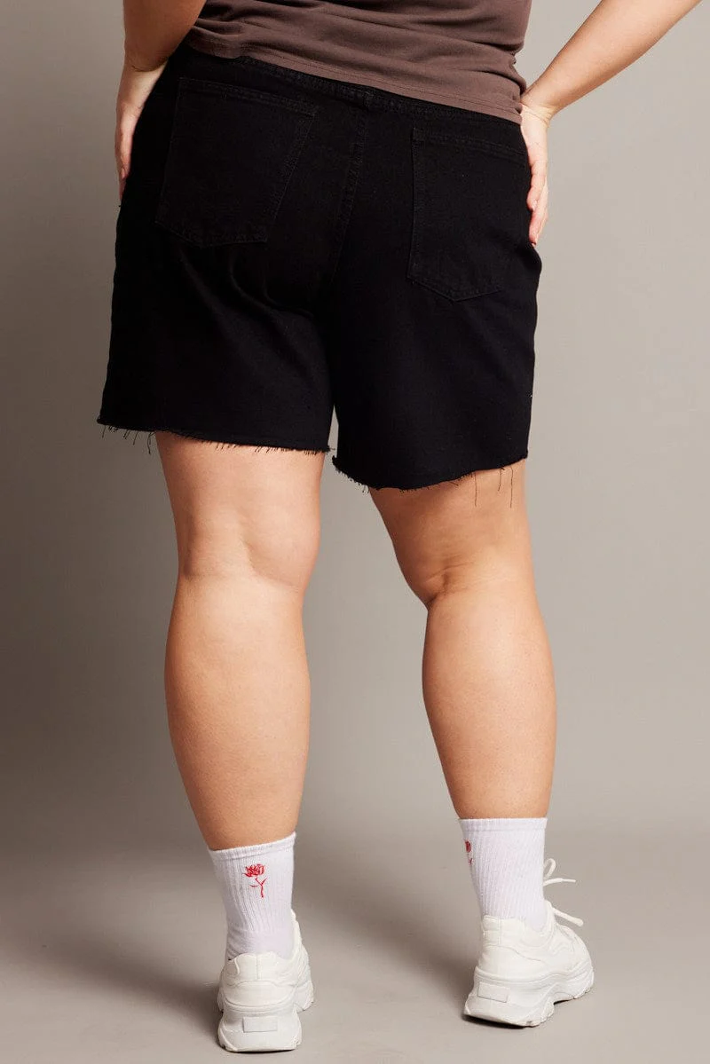 Black Longline Shorts High Rise Relaxed Fit Raw Hem - Image 5