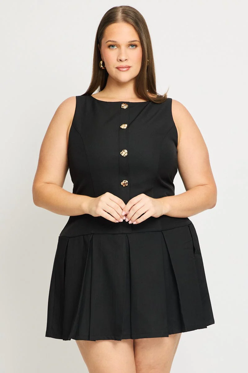 Black Low Waist Dress Sleeveless Golden Button