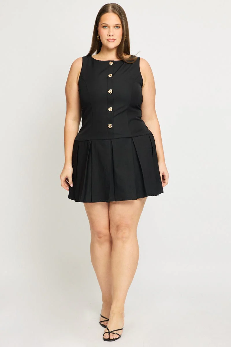 Black Low Waist Dress Sleeveless Golden Button - Image 2