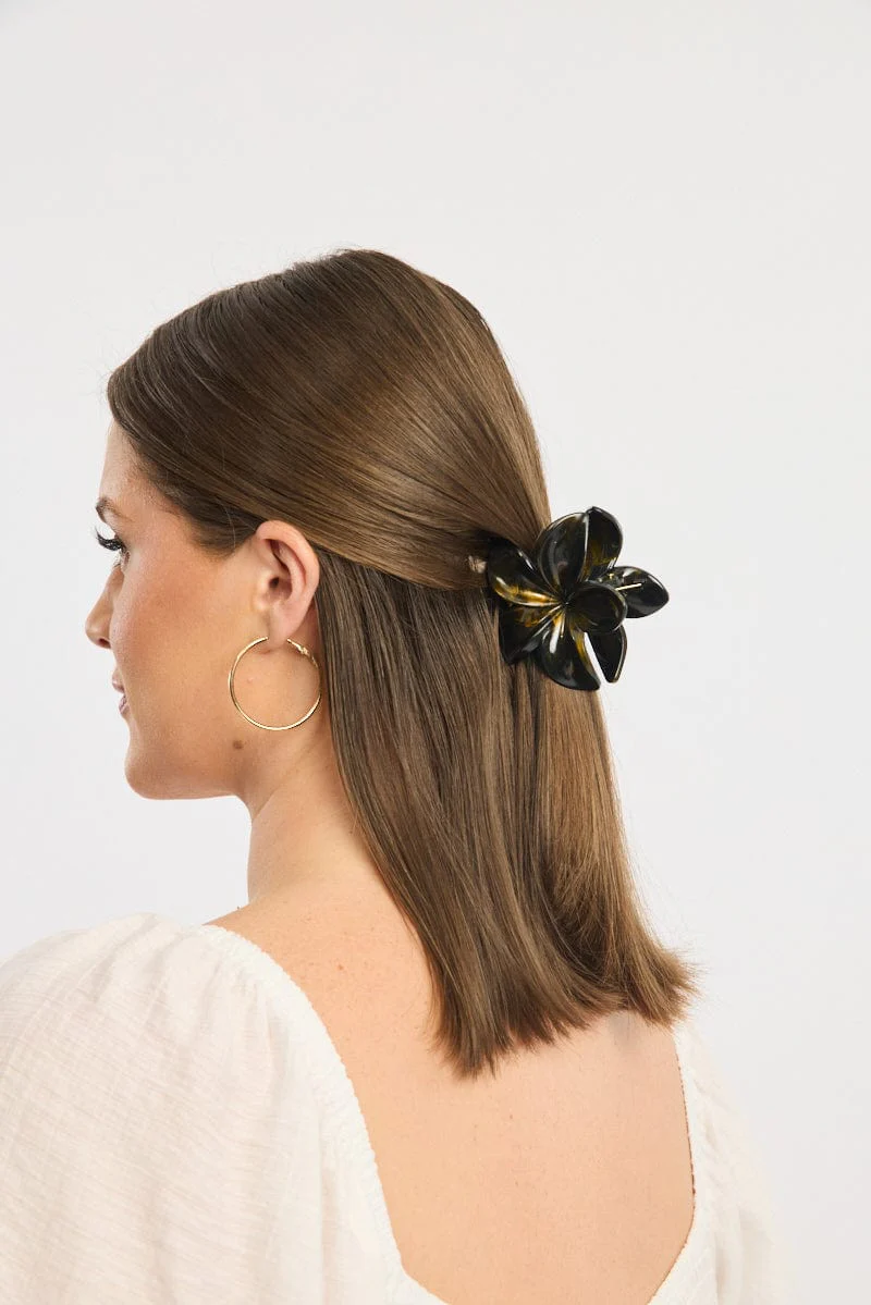 Black Marbled Flower Claw Clip