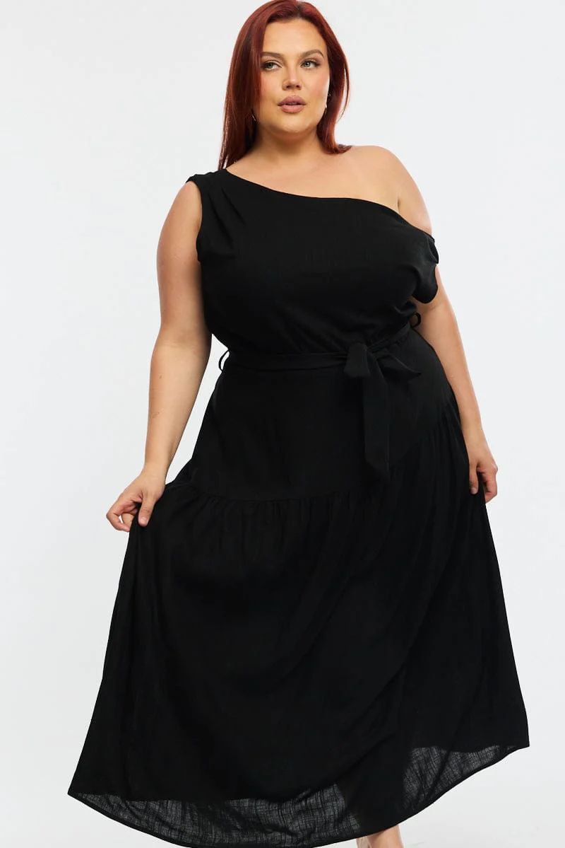 Black Maxi Dress Short Sleeve Asymmetrical Shoulder - Image 3