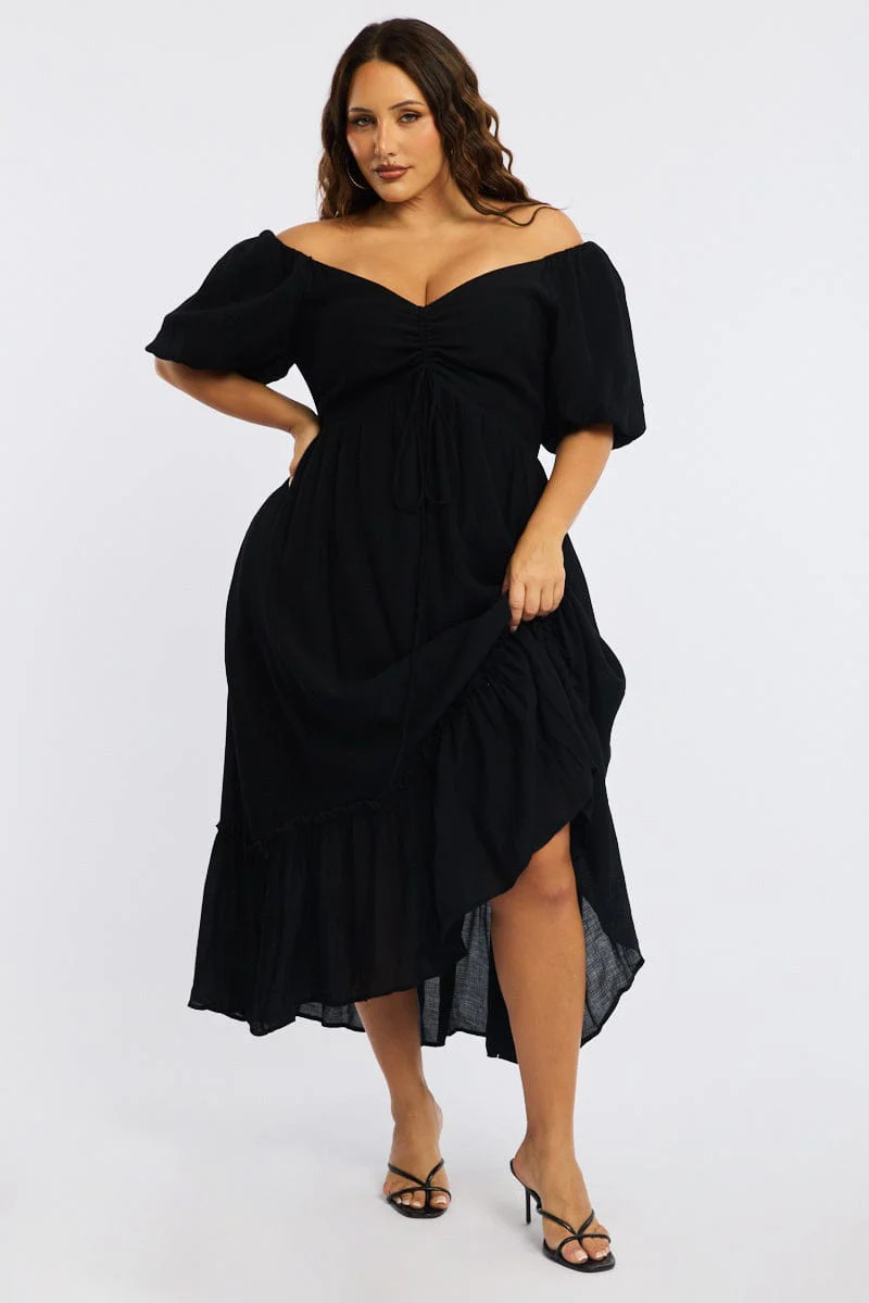 Black Maxi Dress Short Sleeve Ruched Bust