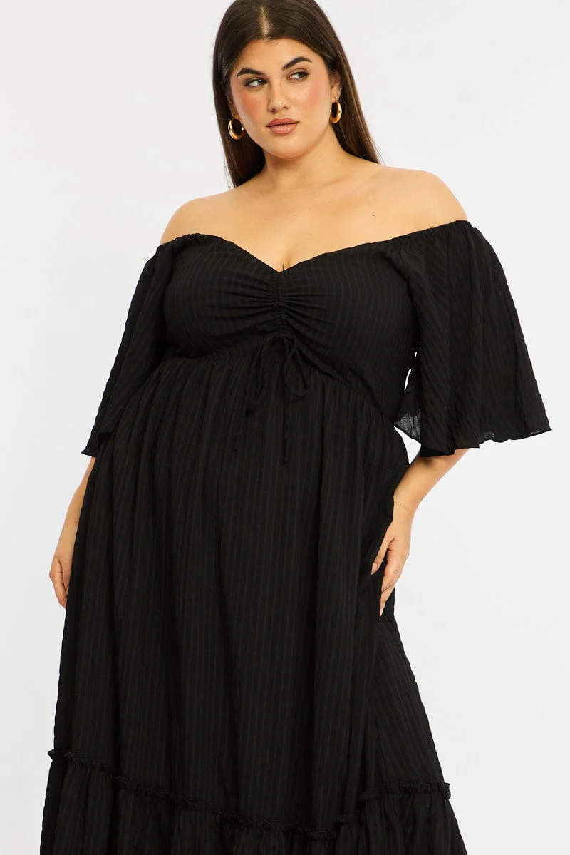 Black Maxi Dress Short Sleeve Ruched Bust Textured - Image 2