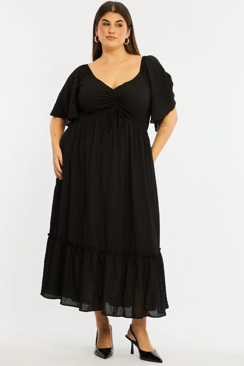 Black Maxi Dress Short Sleeve Ruched Bust Textured - Image 3