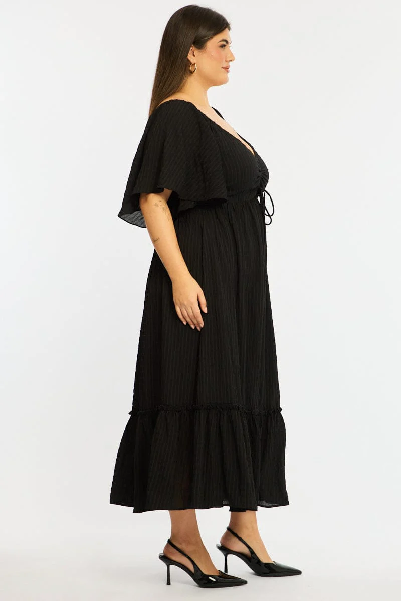 Black Maxi Dress Short Sleeve Ruched Bust Textured - Image 4