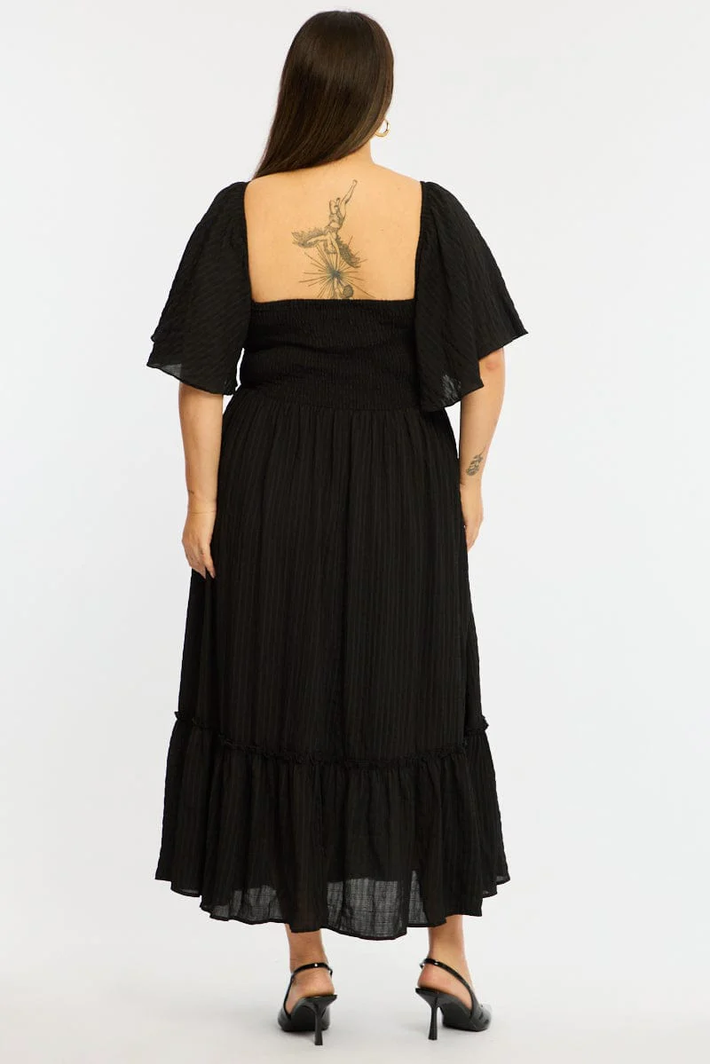 Black Maxi Dress Short Sleeve Ruched Bust Textured - Image 5