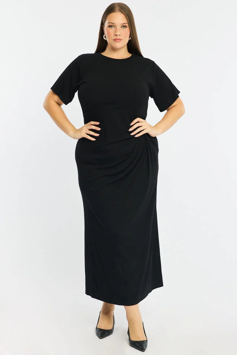 Black Maxi Dress Short Sleeve Twisted Waist Rib - Image 2
