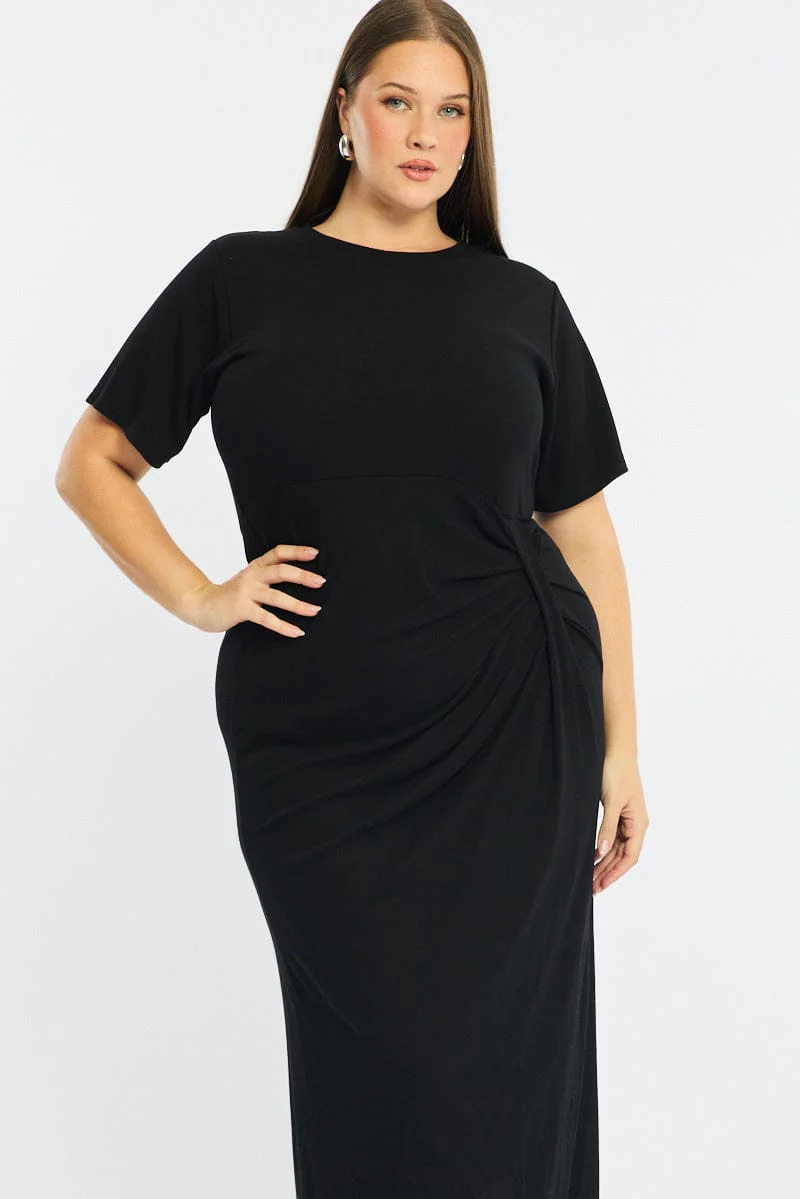 Black Maxi Dress Short Sleeve Twisted Waist Rib - Image 3