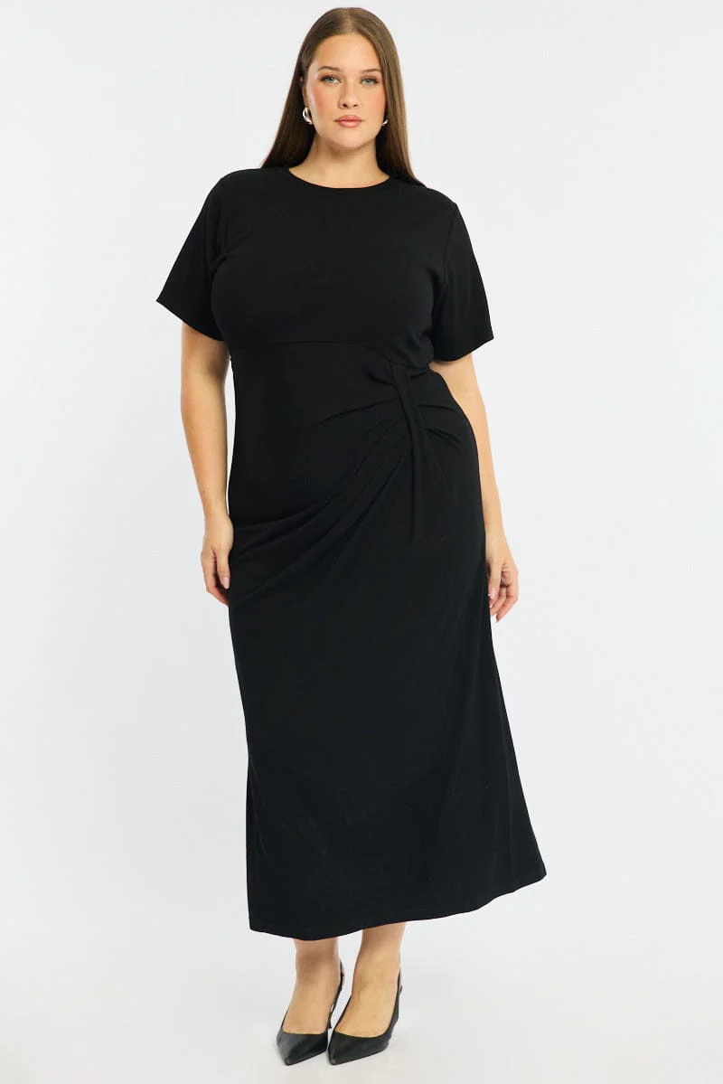 Black Maxi Dress Short Sleeve Twisted Waist Rib - Image 4