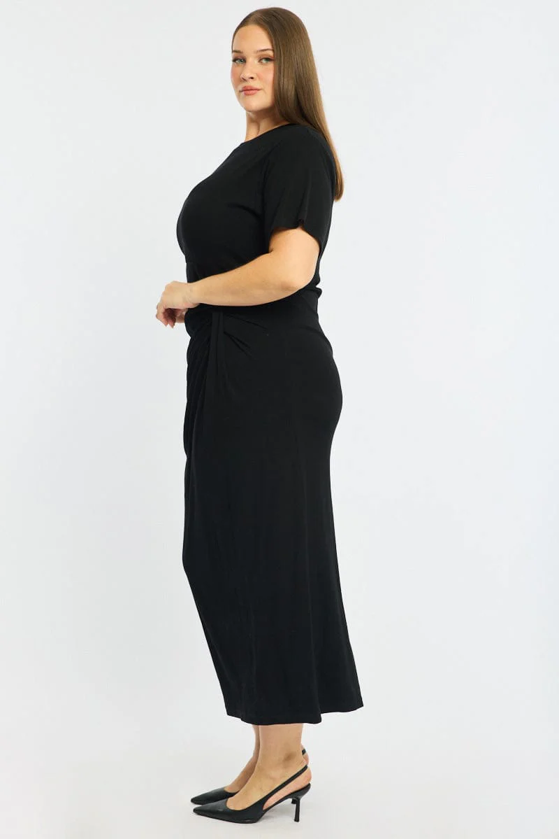 Black Maxi Dress Short Sleeve Twisted Waist Rib - Image 5