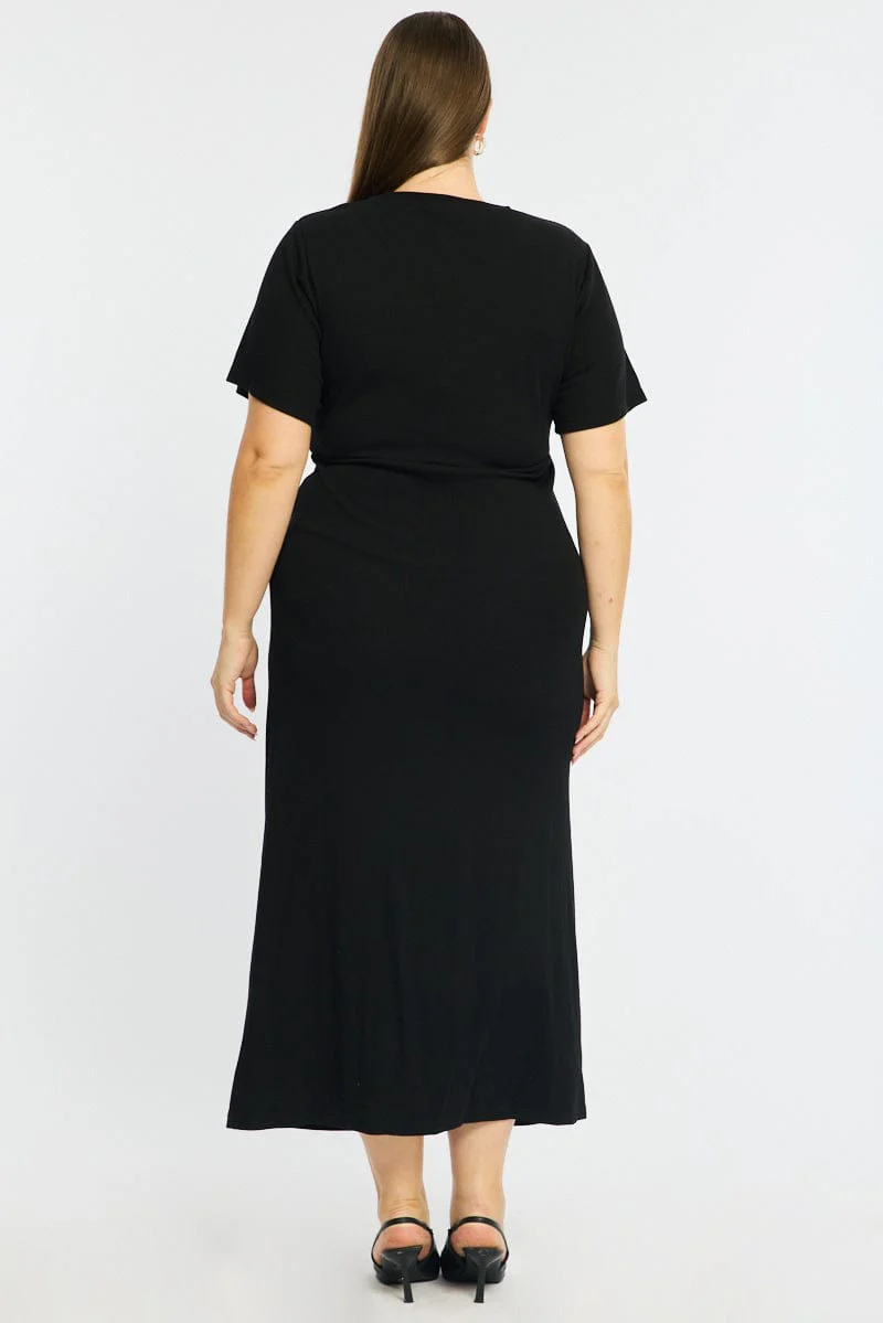 Black Maxi Dress Short Sleeve Twisted Waist Rib - Image 6