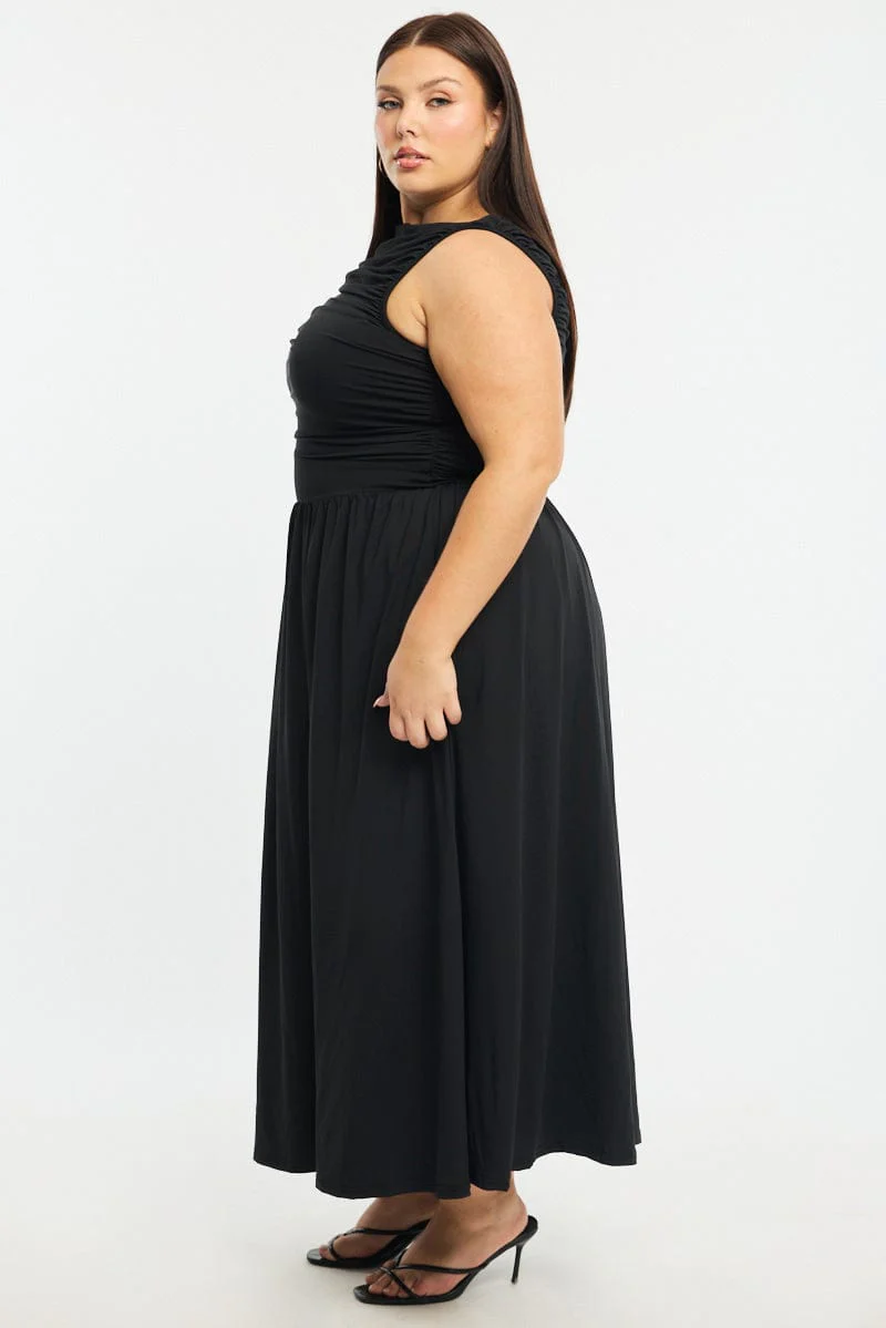 Black Maxi Dress Sleeveless Ruched - Image 3