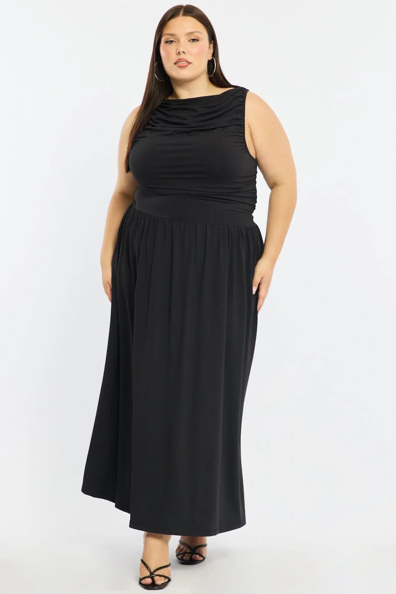 Black Maxi Dress Sleeveless Ruched - Image 3