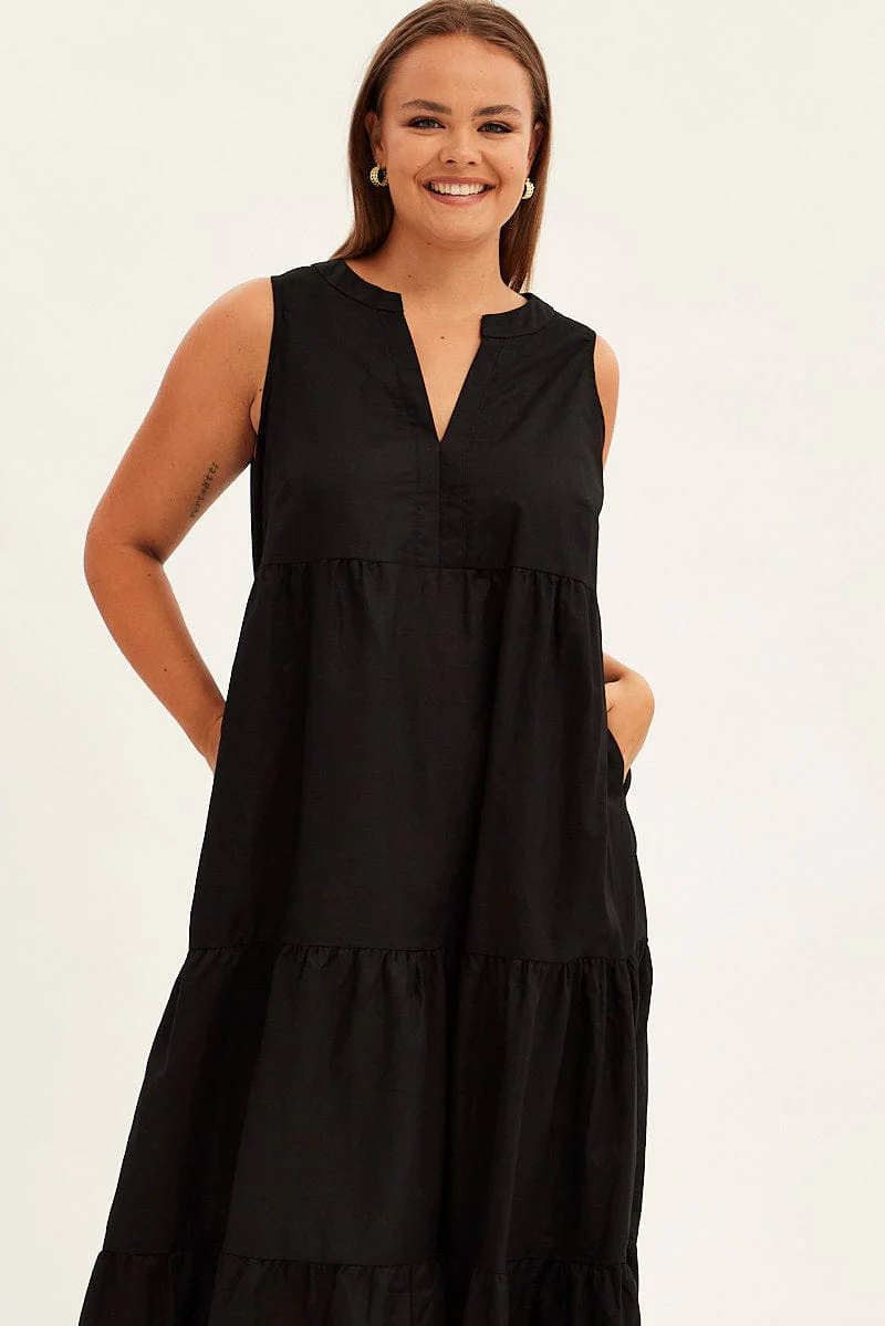 Black Maxi Dress Sleeveless Tiered Linen Blend - Image 2
