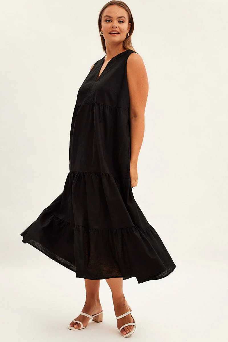 Black Maxi Dress Sleeveless Tiered Linen Blend - Image 3