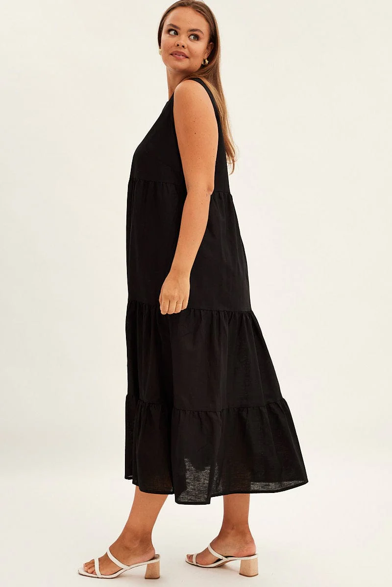 Black Maxi Dress Sleeveless Tiered Linen Blend - Image 4