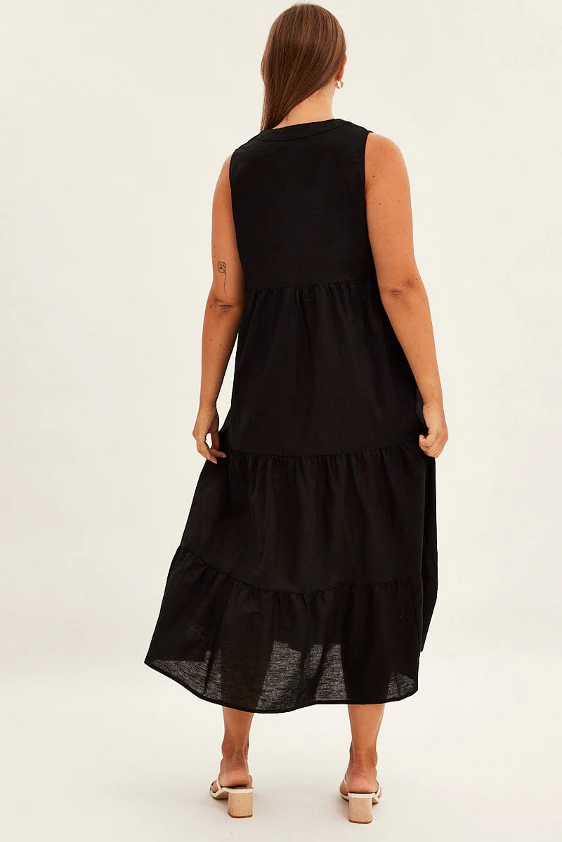 Black Maxi Dress Sleeveless Tiered Linen Blend - Image 5