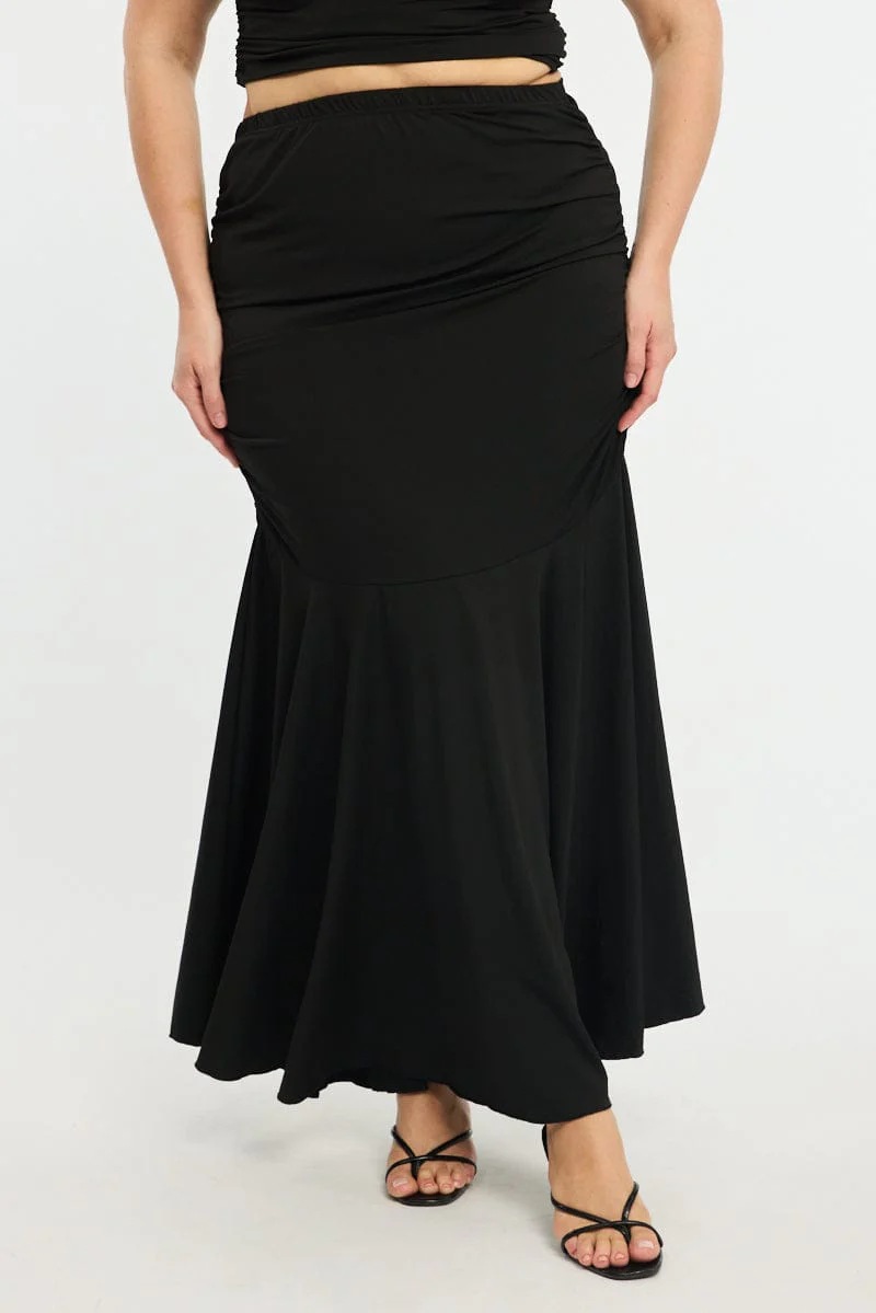 Black Maxi Skirt Ruched Waist Jersey - Image 2