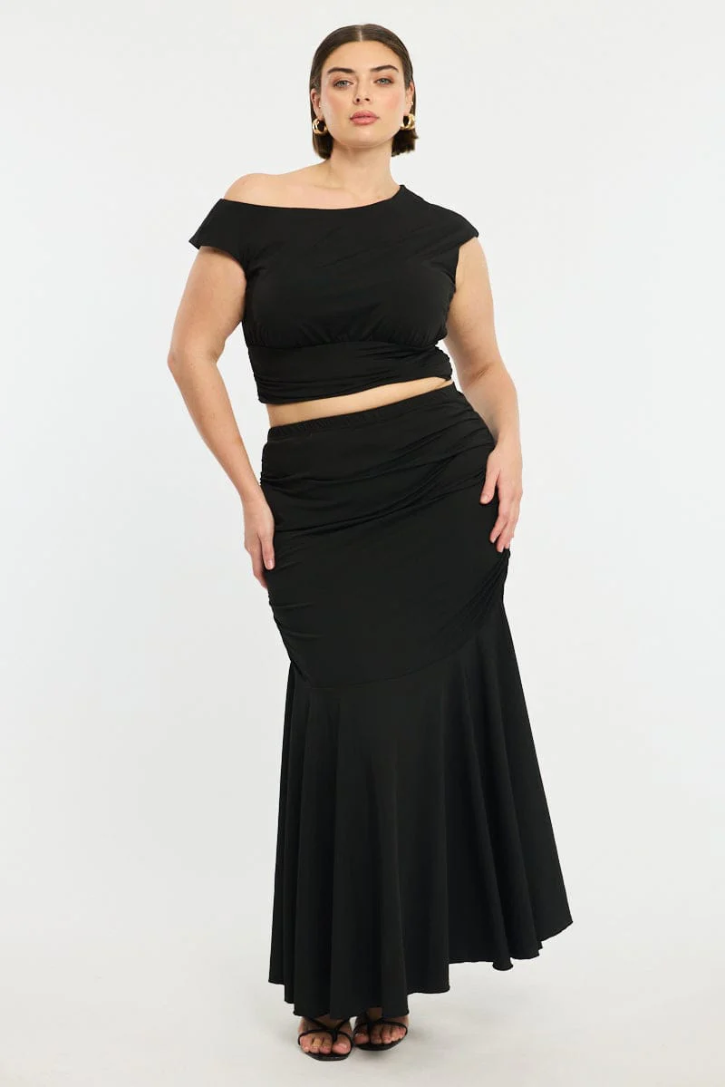 Black Maxi Skirt Ruched Waist Jersey - Image 3