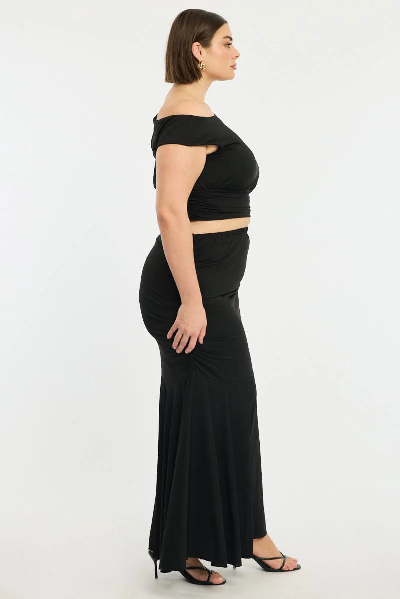 Black Maxi Skirt Ruched Waist Jersey - Image 4