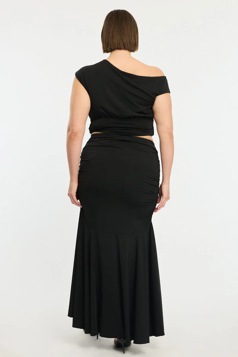 Black Maxi Skirt Ruched Waist Jersey - Image 5