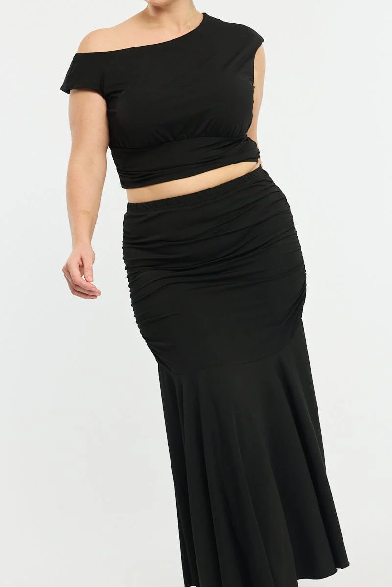 Black Maxi Skirt Ruched Waist Jersey - Image 6