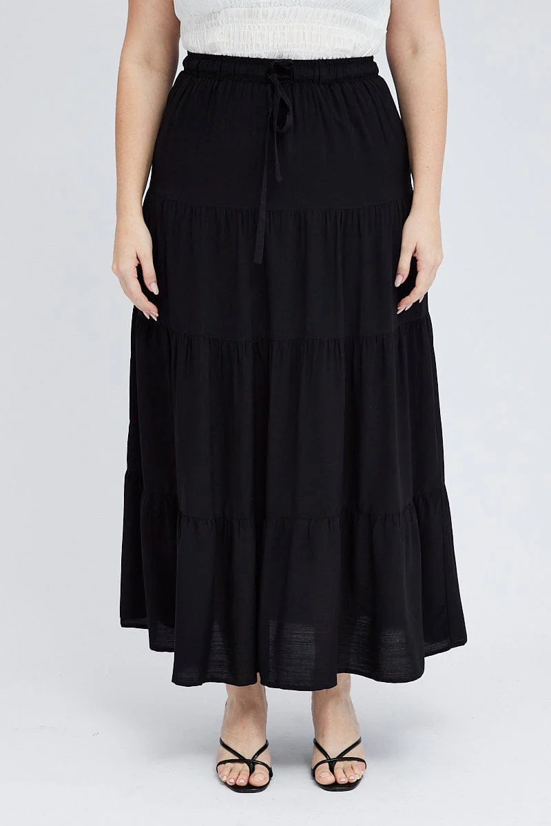 Black Maxi Skirt Tie Elastic Waist Textured - Image 2