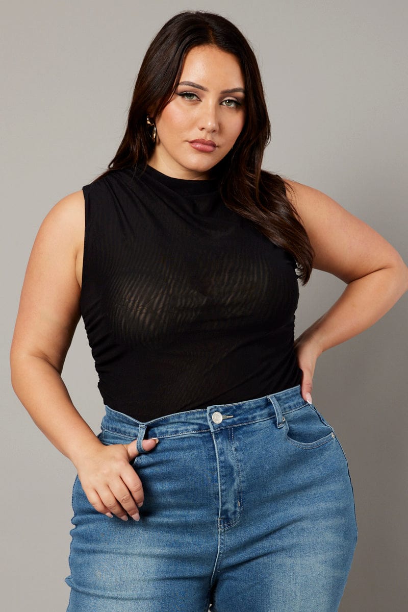 Black Mesh Tank Top Sleeveless Mock Neck Ruched - Image 3